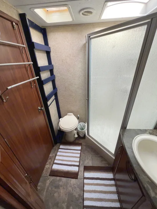 Inside a compact RV rental bathroom: shower, toilet, sink, and ladder to bunks. Striped mats on floor.. Keystone Cougar 2013