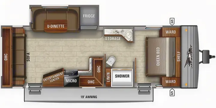 This RV rental floor plan details a travel trailer's interior layout: queen bed, U-dinette, kitchen, and bath.. Jayco Jay Flight SLX Rocky Mountain Edition 2021