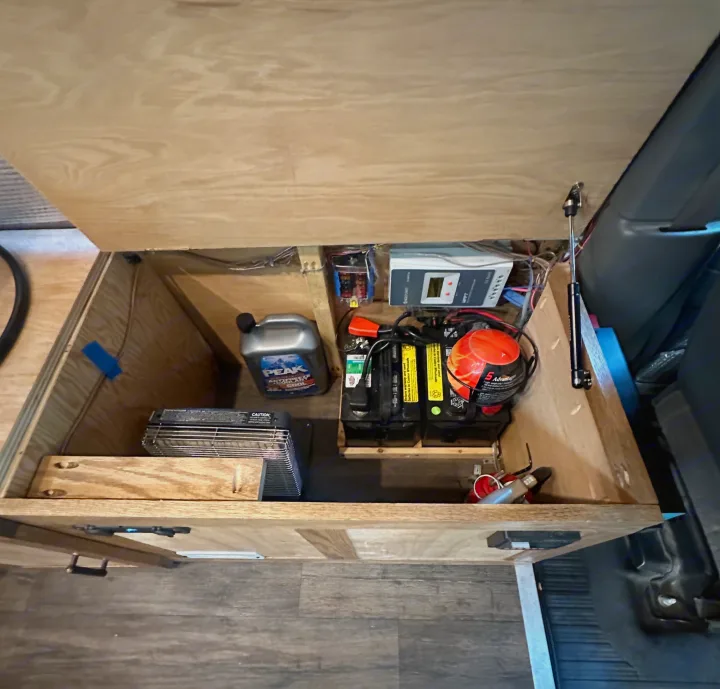 Inside an RV rental utility bay: batteries, solar charge controller, fire extinguisher, antifreeze, and a portable grill.. Chevrolet Express EXT 3500 2008
