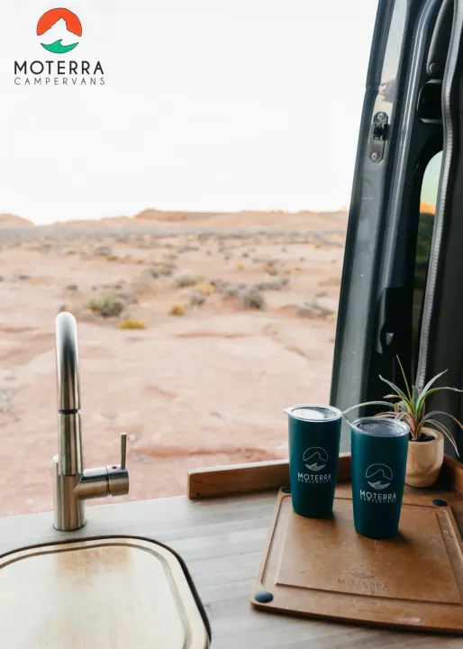 Moterra RV rental: Campervan kitchen featuring a sink, tumblers, and a stunning desert landscape.. Mercedes-Benz Sprinter 2021