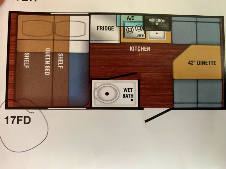 Compact RV rental floor plan (17FD) featuring a queen bed, wet bath, kitchen, and dinette area.. Braxton Creek Bushwhacker Plus 2022
