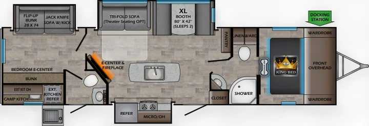 RV rental: Comprehensive floor plan with king bed, bunks, full kitchen, bath, and entertainment options for travelers.. Crossroads Sunset Trail 2021