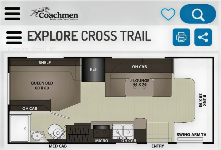 RV rental floor plan for a Coachmen Explore Cross Trail, detailing the spacious interior with queen bed, J-lounge, and kitchen.. Forest River Coachmen Cross Trail XL 2022