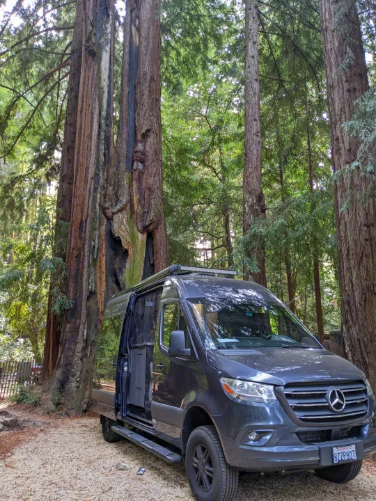 A dark grey Mercedes Sprinter rv rental parked on gravel in a towering redwood forest, offering a nature escape.. Thor Sanctuary 2022