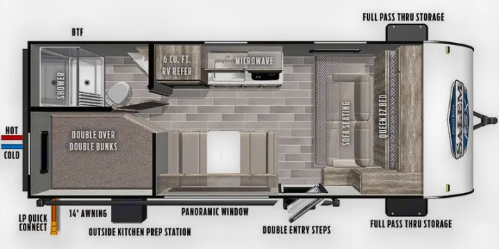 Explore this RV rental's detailed travel trailer floor plan, showcasing interior layout with bunks, kitchen, queen bed, and exterior features.. Forest River Salem FSX 2021