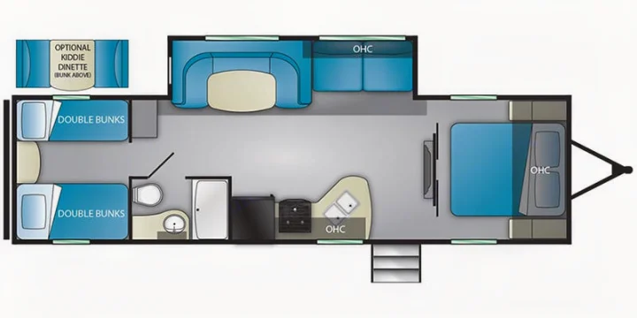 See this spacious RV rental floorplan: front master bed, central living with kitchen/dinette, rear double bunks & bath.. Heartland RVs Pioneer 2021