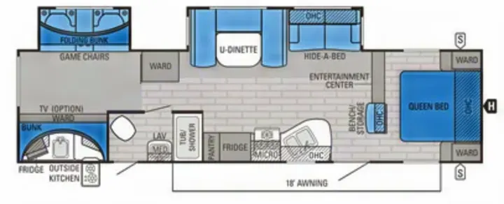 RV rental floor plan: spacious layout with queen bed, bunks, U-dinette, kitchen, and bathroom. Ideal for family trips.. Jayco Eagle 2016