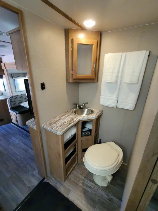 Bathroom - Toilet, sink, shower. Winnebago Micro Minnie 2020