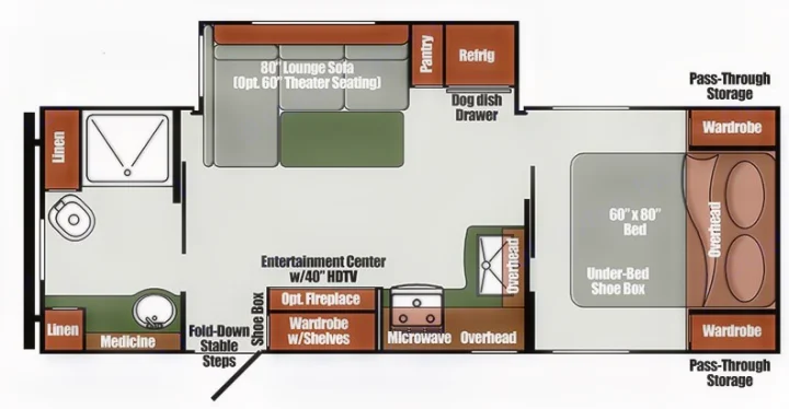 Detailed RV rental floor plan with a lounge, kitchen, full bath, and 60"x80" bed. Explore this practical travel layout.. Gulf Stream Envision 2020