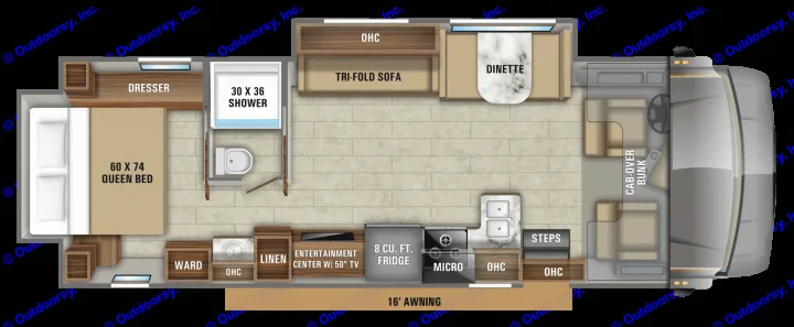 RV rental floor plan shows the interior layout including a queen bed, bathroom, kitchen with fridge, dinette, and cab-over bunk.. Jayco Greyhawk 2020
