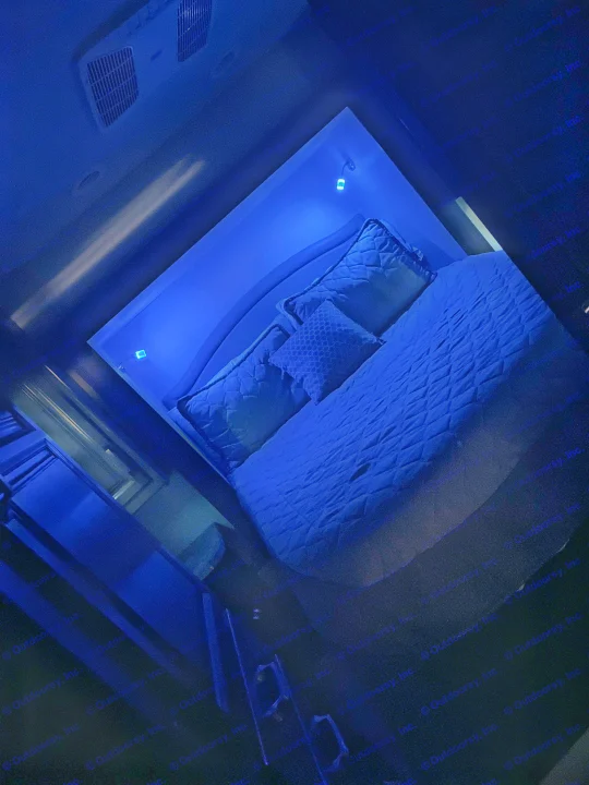 Cozy blue-lit RV rental bedroom: quilted bed, pillows, and ceiling vents. Ideal for a relaxing camper experience.. Jayco Greyhawk 2020