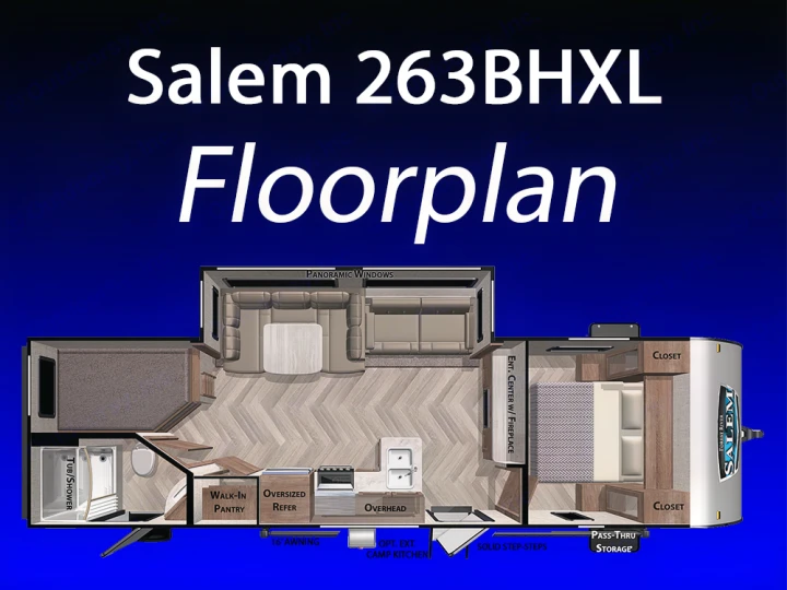 Salem 263BHXL RV rental floorplan with walk-in pantry, panoramic windows, and fireplace for spacious living.. Forest River Salem Cruise Lite 2020