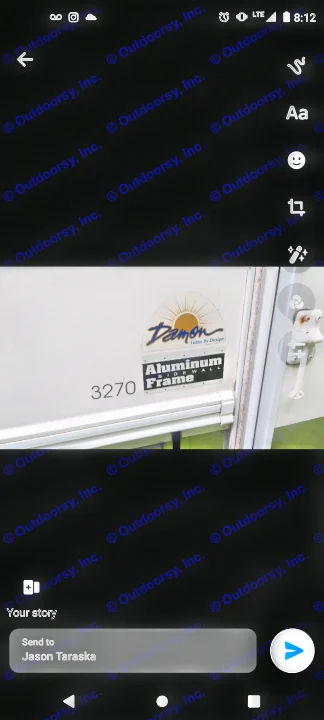 Mobile screenshot of a "Damon 3270" RV's side, featuring "Aluminum Sidewall Frame". Preparing to share for rv rental details.. Damon Corporation Daybreak 2001