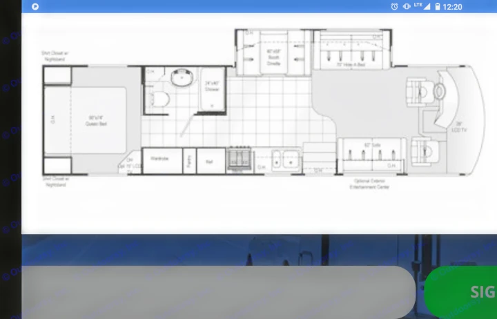 RV rental floor plan: See the interior layout with queen bed, kitchen, bathroom, and living areas.. Damon Corporation Daybreak 2001