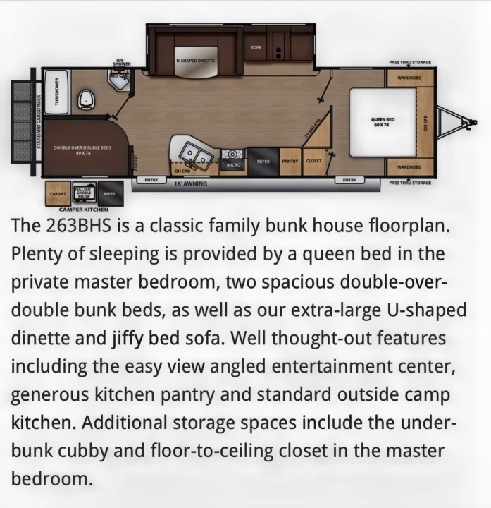 This 263BHS RV rental floorplan showcases a family bunk house with a queen bed, double-over-double bunks, and versatile sleeping options.. Forest River Coachmen Catalina Legacy 2020