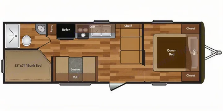 Detailed RV rental floor plan shows a queen bed, 52"x74" bunk bed, dinette, full kitchen, and bathroom.. Keystone RV Hideout LHS 2017