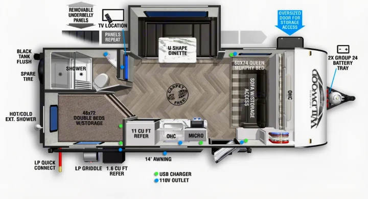 Detailed RV rental floor plan showing interior layout, including beds, kitchen, bathroom, and storage features.. Forest River Wildwood FSX 2022