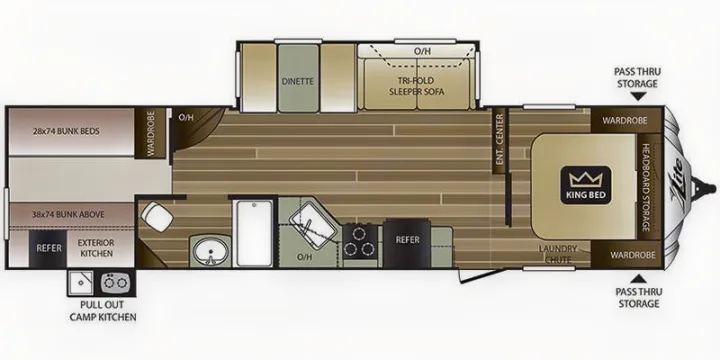 RV rental floor plan: spacious interior with king bed, bunk beds, kitchen, bath, dinette, and sleeper sofa.. Keystone Cougar Xlite 2020