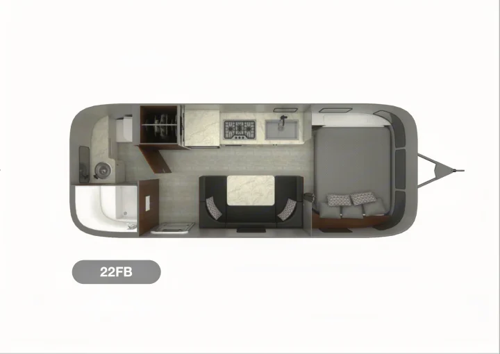 Overhead RV rental floor plan of a 22FB travel trailer, detailing kitchen, dining, bed, and bath areas.. Airstream Caravel 2022