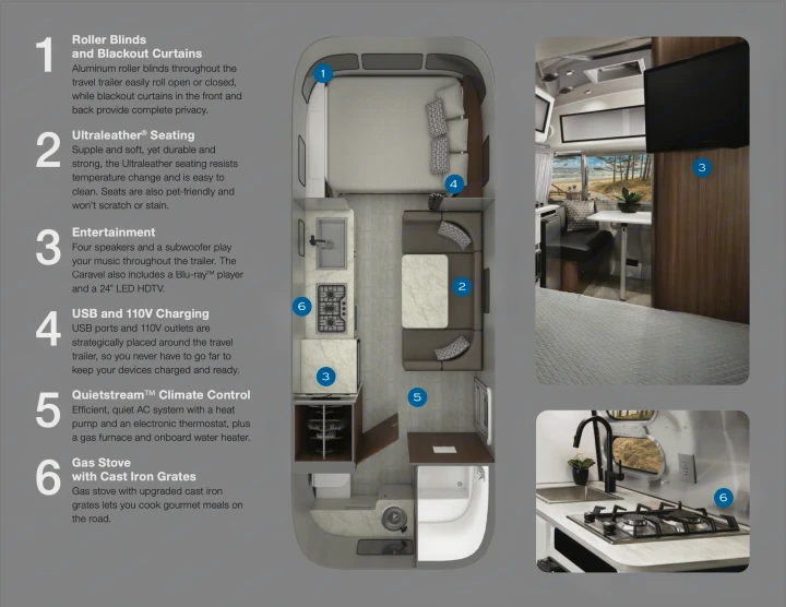 Detailed RV rental interior: living space, bed, kitchen with stove, entertainment, & charging. Perfect for travel trailer trips.. Airstream Caravel 2022