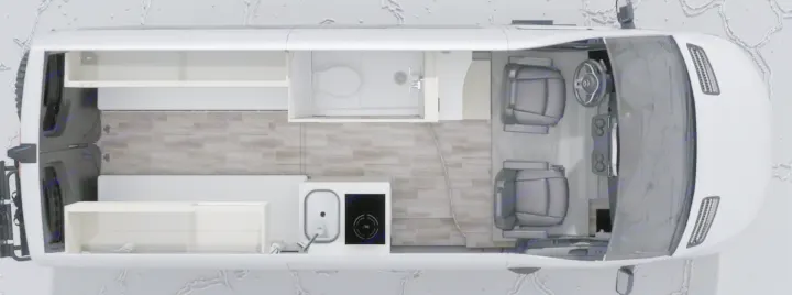 Top-down view of an RV rental interior: spacious layout with kitchen, full bathroom, convertible rear area, and driver's cabin.. Mercedes Sprinter Van 2022