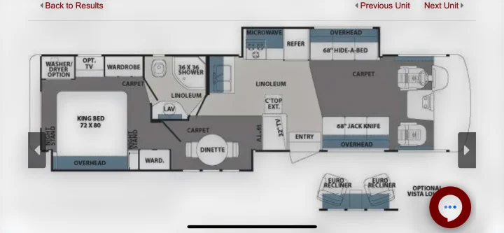 RV rental floor plan showing a spacious interior layout with King bed, kitchen, bath, and living areas for comfortable travel.. Forest River Georgetown M373DS 2011