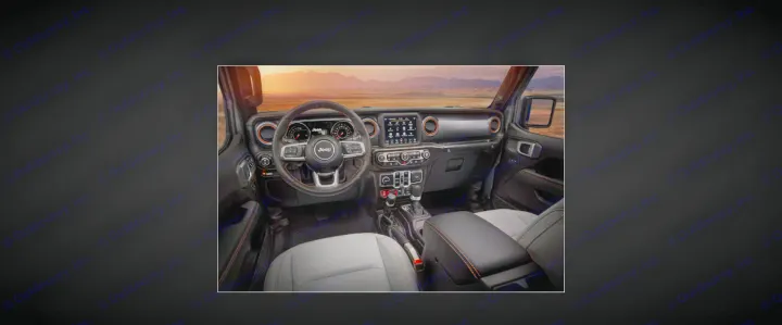 Jeep's rugged interior, perfect for an rv rental road trip. Features dashboard, steering wheel, and desert landscape views.. Jeep Gladiator 2022