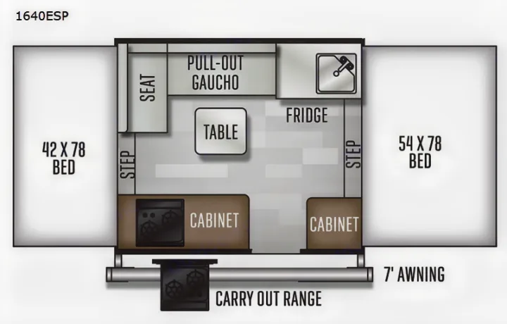 1640ESP RV rental pop-up camper floor plan: 2 beds, gaucho, table, fridge, kitchen w/ carry-out range, and awning.. Forest River Rockwood ESP 2021