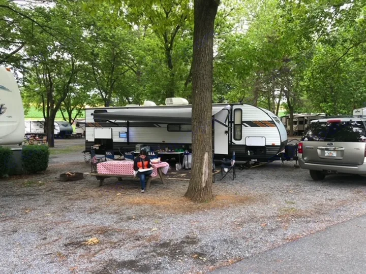 Relaxing at an RV rental campsite with a travel trailer, picnic table, and SUV. Perfect outdoor escape!. Forest River Wildwood 2020