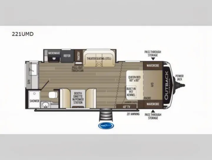This RV rental floor plan for the 221UMD travel trailer details its interior layout, showing the bed, kitchen, bath, and living areas.. Keystone RV Outback Ultra-Lite 2019
