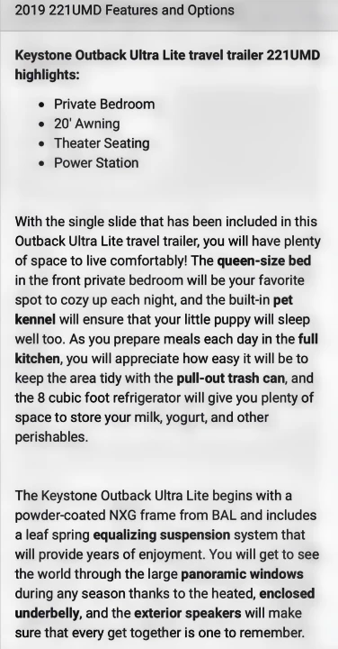 Keystone Outback Ultra Lite RV rental features: private bedroom, pet kennel, full kitchen, panoramic windows, and more.. Keystone RV Outback Ultra-Lite 2019