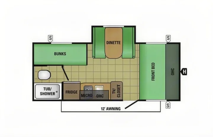 RV rental floor plan showing bunks, dinette, front bed, bath, kitchen appliances, and storage. Ideal for travel.. Starcraft Autumn Ridge Mini 2017