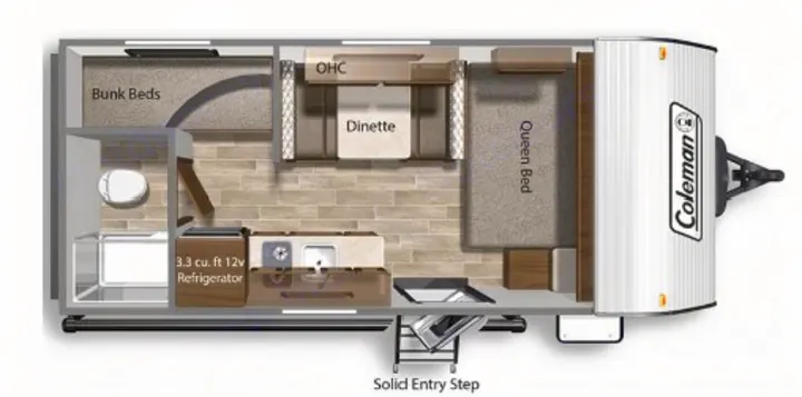 Top-down RV rental floor plan: queen bed, bunk beds, dinette, kitchen, and bathroom for easy navigation.. Coleman Lantern 2023