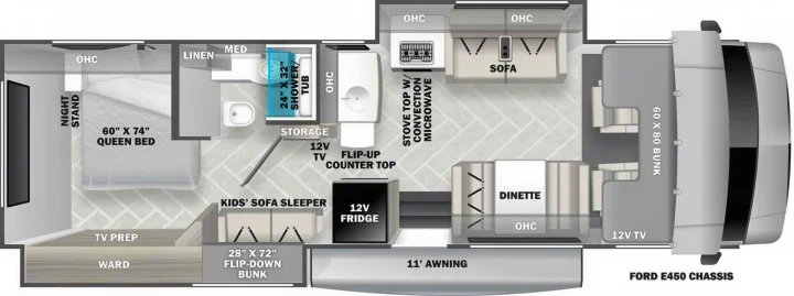 This RV rental floor plan details the interior layout, featuring a queen bed, multiple bunks, sofa, dinette, kitchen, and bath.. Forest River Forester 3251DSF 2023