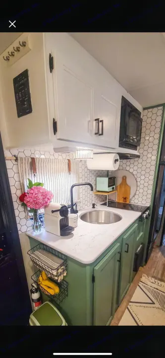A cozy and functional rv rental kitchen with green cabinets, hexagonal backsplash, and compact appliances.. Forest River Cherokee Wolf Pup 2022