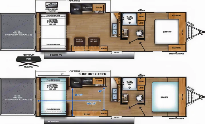 RV rental floor plans: top view shows open slide-out with queen bed; bottom is closed with king bed, highlighting garage and amenities.. Coachmen Catalina 2022