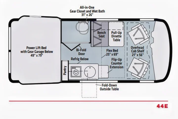 Detailed RV rental floor plan (44E) for a camper, highlighting versatile interior spaces: bed, wet bath, kitchen, and dinette.. Winnebago Revel 2020