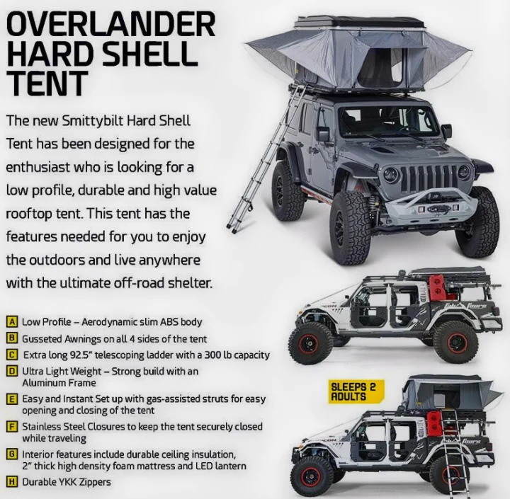 Smittybilt Overlander Hard Shell Rooftop Tent on an off-road Jeep. Ideal for camping adventure or an RV rental. Sleeps 2.. Smittybilt Hardshell RTT 2022
