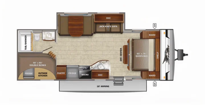 Explore this RV rental floor plan, featuring a queen bed, double bunks, kitchen, bath, and spacious living area.. Jayco Jay Flight SLX 2022