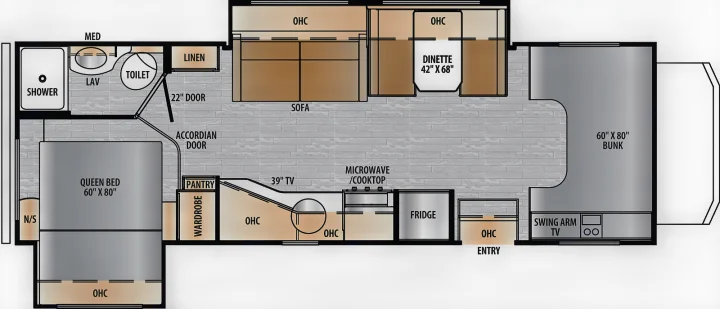 RV rental floor plan: Detailed layout with queen bed, bunks, full kitchen, dinette, and bathroom. Visualize your next trip!. East to West Entrada 2600DS 2022