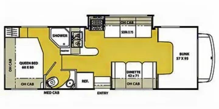 Detailed RV rental floor plan, ideal for families, showing a queen bed, bunk, sofa, dinette, and shower.. Coachman Freelander 27QB 2011