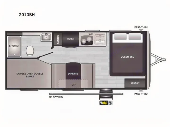 Explore this 2010BH RV rental floor plan, featuring a queen bed, bunks, dinette, and full bath—perfect for family travel.. Keystone Springdale 2022