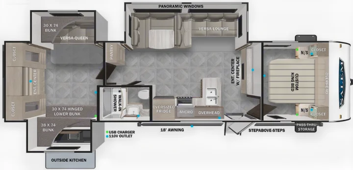RV rental floor plan: This detailed layout features a king bed, bunks, kitchen, walk-in shower, and panoramic lounge area.. Forest River Salem 2021