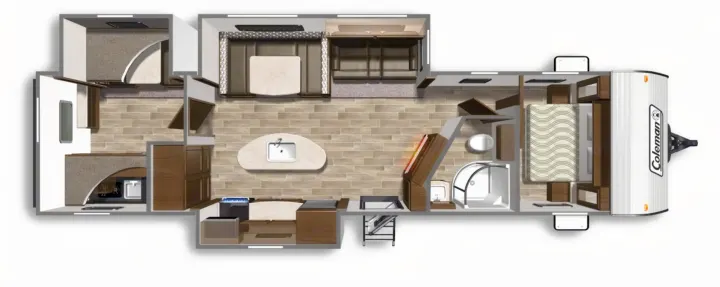 Detailed RV floor plan for an rv rental, showing spacious living areas, kitchen, bathroom, master bedroom, and bunk beds.. Dutchmen Coleman Lantern 2020
