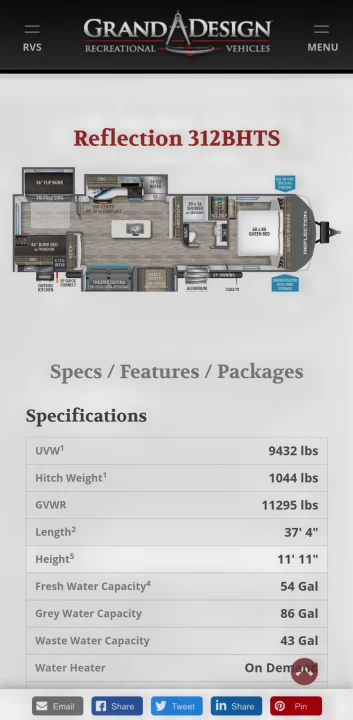 Explore this Reflection 312BHTS RV rental floor plan and detailed specifications like length, weight, and water capacities.. Grand Design Reflection 2022