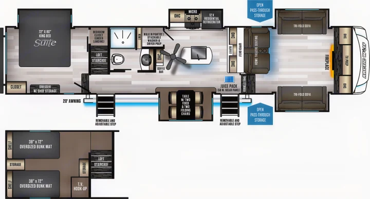 Explore this spacious rv rental floor plan, featuring a king bed, bunk loft, kitchen, living room, and ample storage for travel.. Forest River Cherokee Arctic Wolf 2022