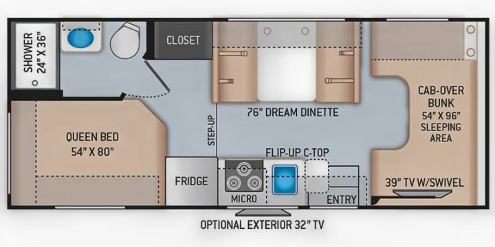 This rv rental floor plan highlights a queen bed, dream dinette, kitchen, bath, and cab-over bunk for ample sleeping.. Thor Chateau 2022