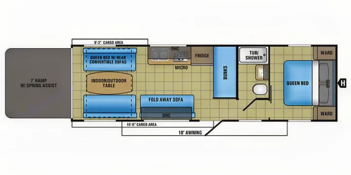 RV rental floor plan showing cargo ramp, kitchen, bath, multiple beds (queen, bunks), and sofas for a versatile interior layout.. Jayco Octane 2018