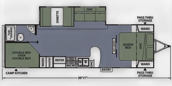 RV rental floor plan: spacious travel trailer with queen, bunk beds, dinette, full kitchen, and bath amenities.. Coachmen Apex 2018