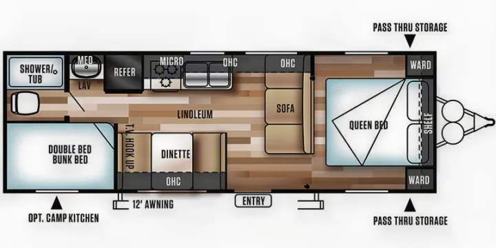 This is the layout of the RV so you can have an idea of how many it can sleep comfortably without having to move things around.  Perfect for a couple!. Forest River Salem Cruise Lite 2018